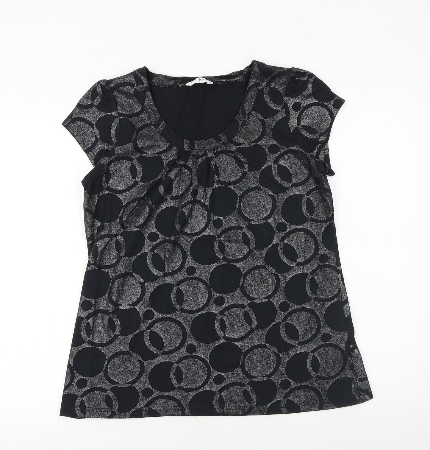 Editions Womens Black Geometric 100% Cotton Basic T-Shirt Size 10 Scoop Neck