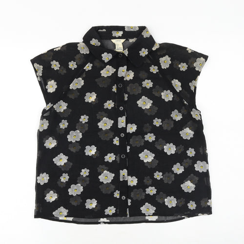 I Love HB1 Womens Black Floral Polyester Basic Button-Up Size S Collared