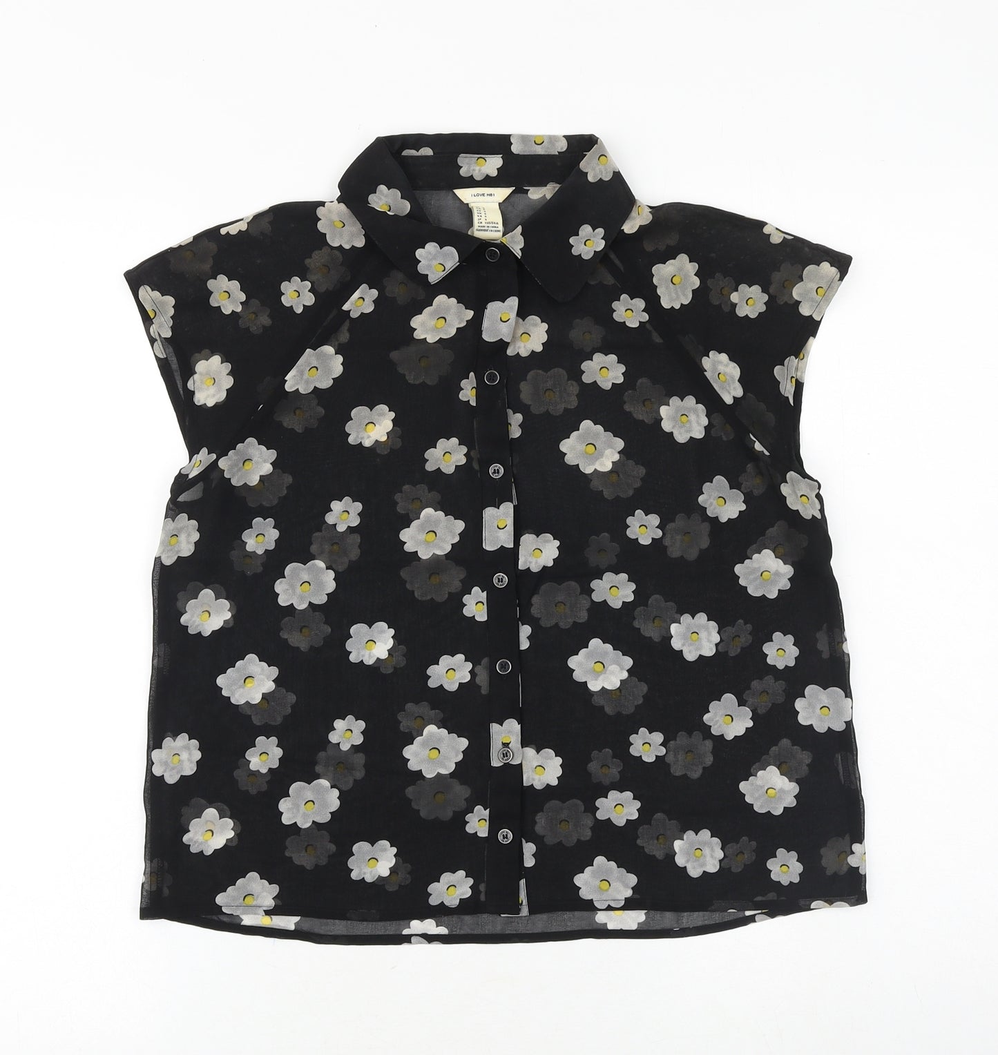 I Love HB1 Womens Black Floral Polyester Basic Button-Up Size S Collared