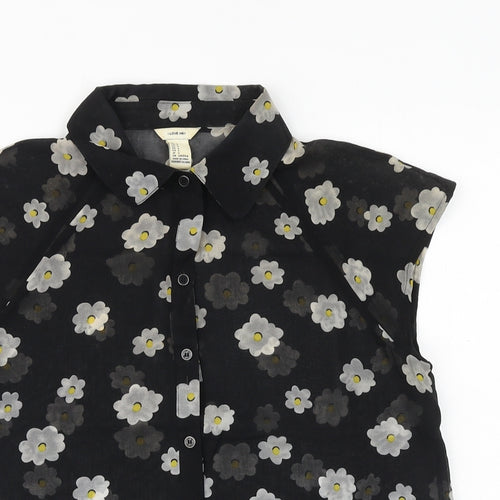 I Love HB1 Womens Black Floral Polyester Basic Button-Up Size S Collared
