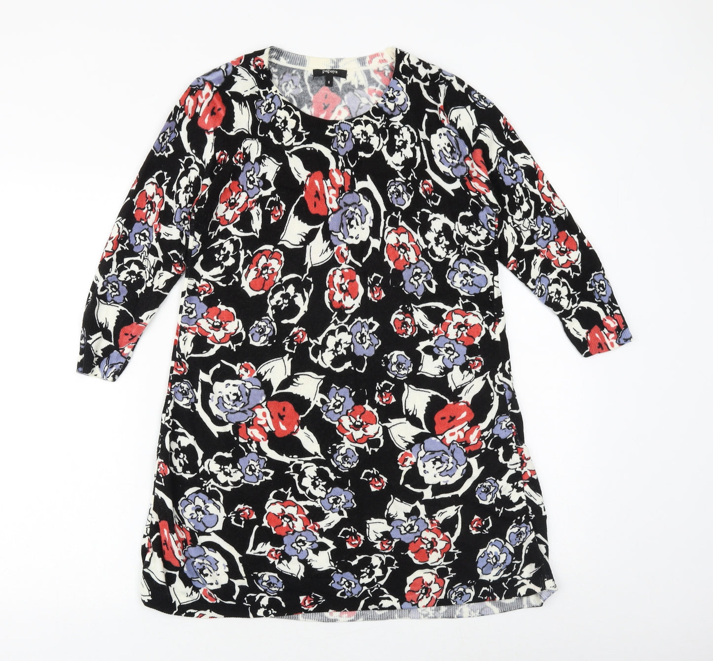 Papaya Womens Black Floral Acrylic A-Line Size 8 Round Neck Pullover