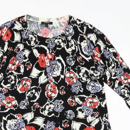 Papaya Womens Black Floral Acrylic A-Line Size 8 Round Neck Pullover