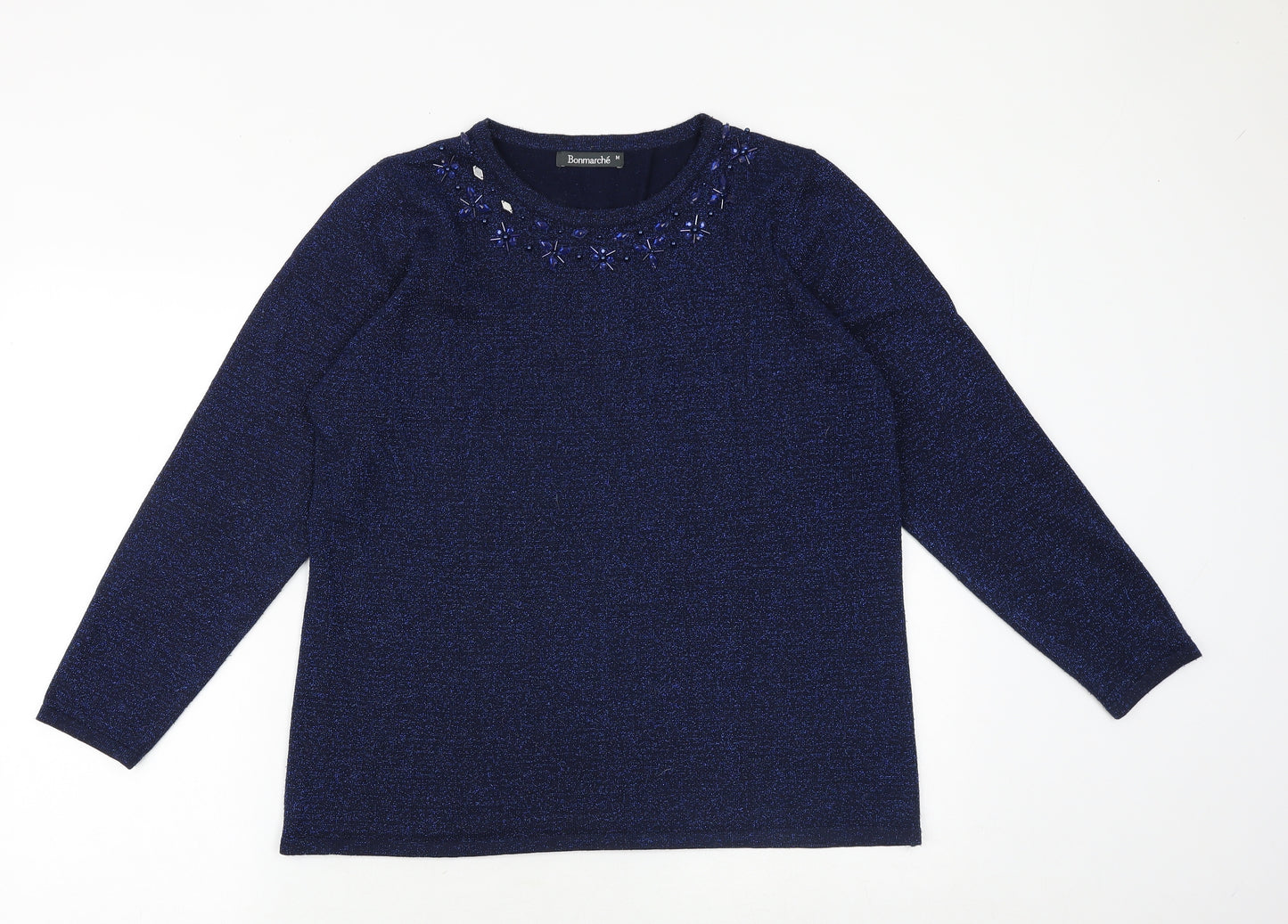 Bonmarché Womens Blue Boat Neck Acrylic Pullover Jumper Size M - Embellished Neckline