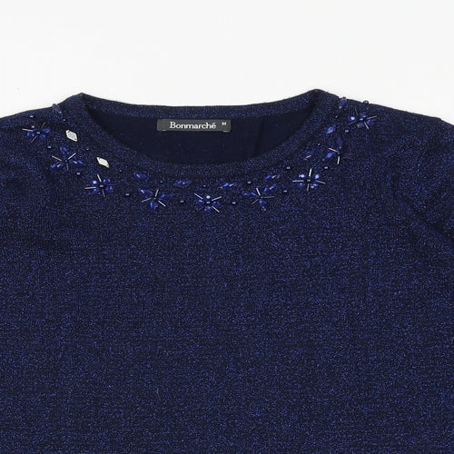 Bonmarché Womens Blue Boat Neck Acrylic Pullover Jumper Size M - Embellished Neckline