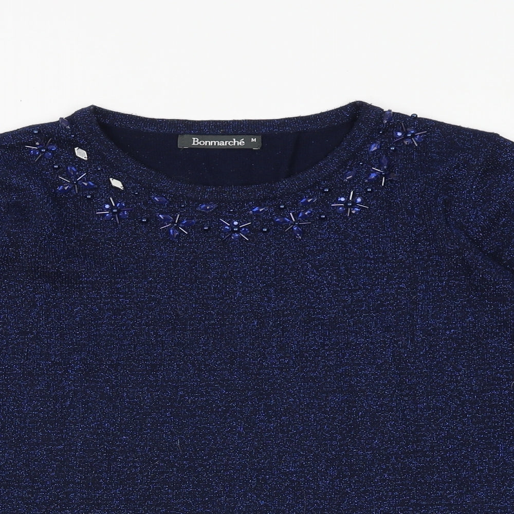 Bonmarché Womens Blue Boat Neck Acrylic Pullover Jumper Size M - Embellished Neckline