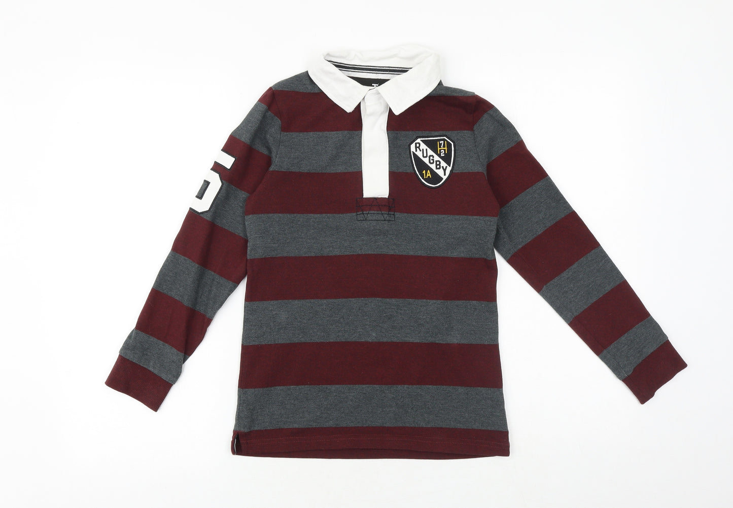 TU Boys Grey Striped Cotton Basic Polo Size 10 Years Collared Button - Rugby