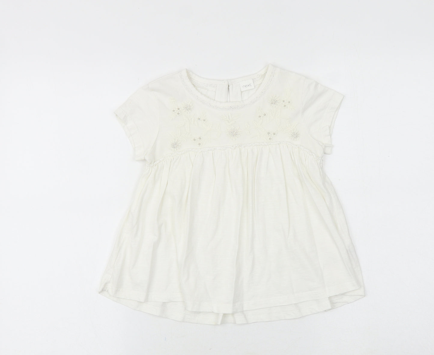 NEXT Girls White Cotton Basic Blouse Size 6 Years Round Neck Button - Flower Detail