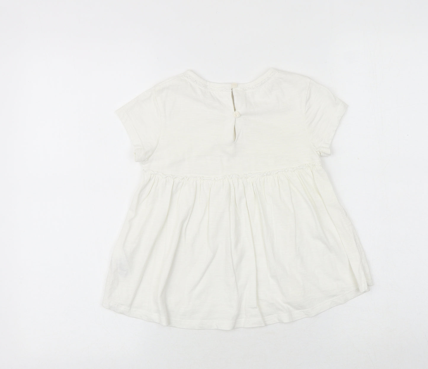 NEXT Girls White Cotton Basic Blouse Size 6 Years Round Neck Button - Flower Detail