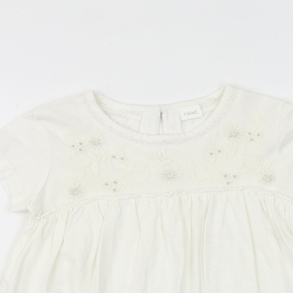 NEXT Girls White Cotton Basic Blouse Size 6 Years Round Neck Button - Flower Detail
