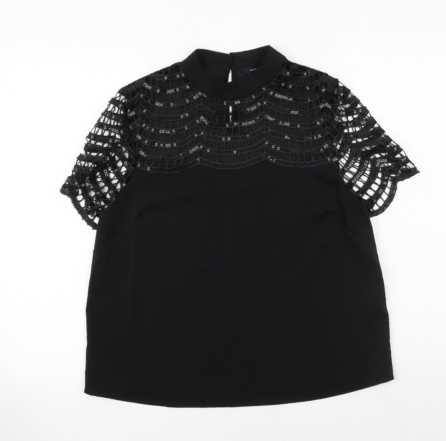 New Look Womens Black Polyester Basic Blouse Size 12 Mock Neck - Crocheted Lace Detail