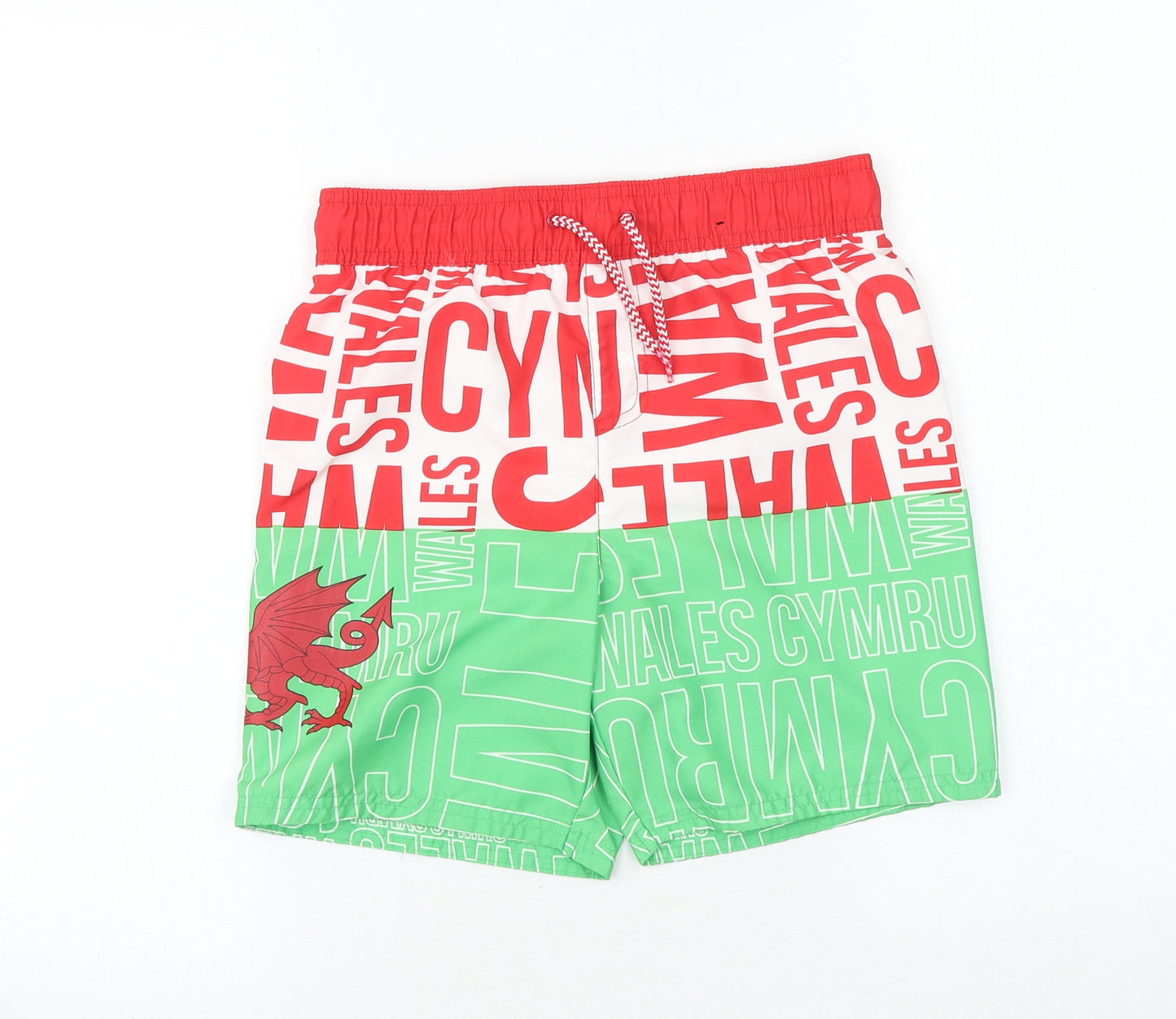 George Boys Green Geometric Polyester Sweat Shorts Size 9-10 Years Regular Drawstring - Swim Shorts, Welsh Dragon
