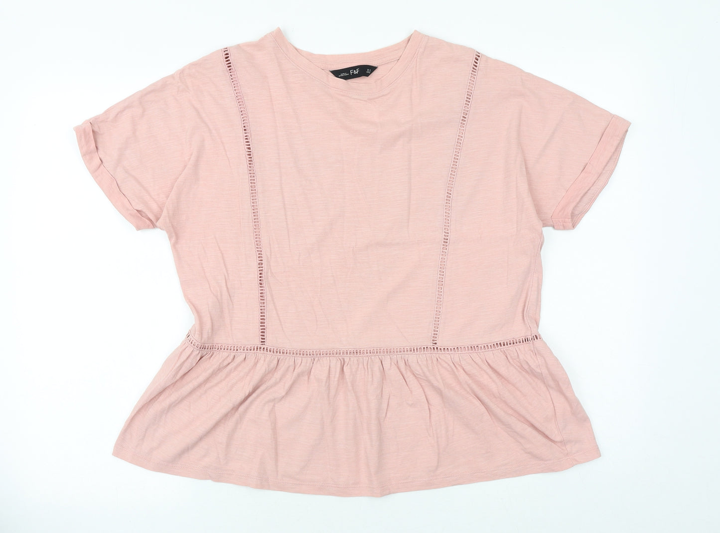 F&F Womens Pink 100% Cotton Basic T-Shirt Size 16 Crew Neck - Peplum