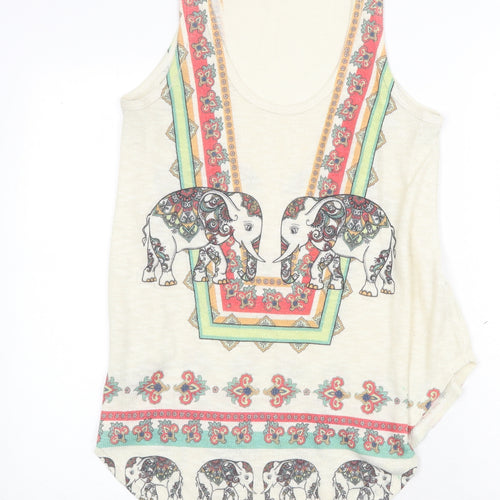 Logo Womens Beige Geometric Polyester Basic Tank Size M Round Neck - Elephant