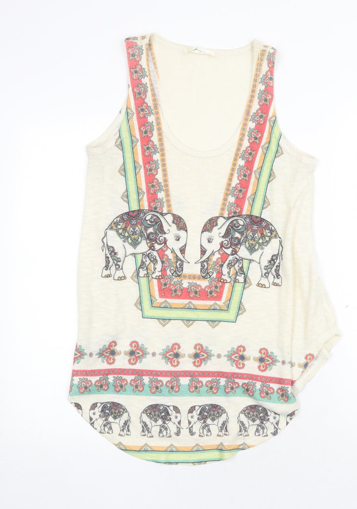 Logo Womens Beige Geometric Polyester Basic Tank Size M Round Neck - Elephant