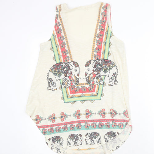 Logo Womens Beige Geometric Polyester Basic Tank Size M Round Neck - Elephant