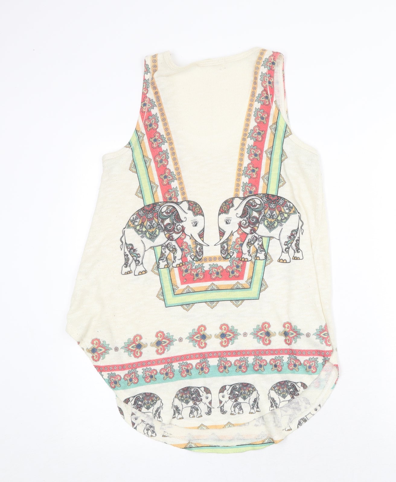 Logo Womens Beige Geometric Polyester Basic Tank Size M Round Neck - Elephant