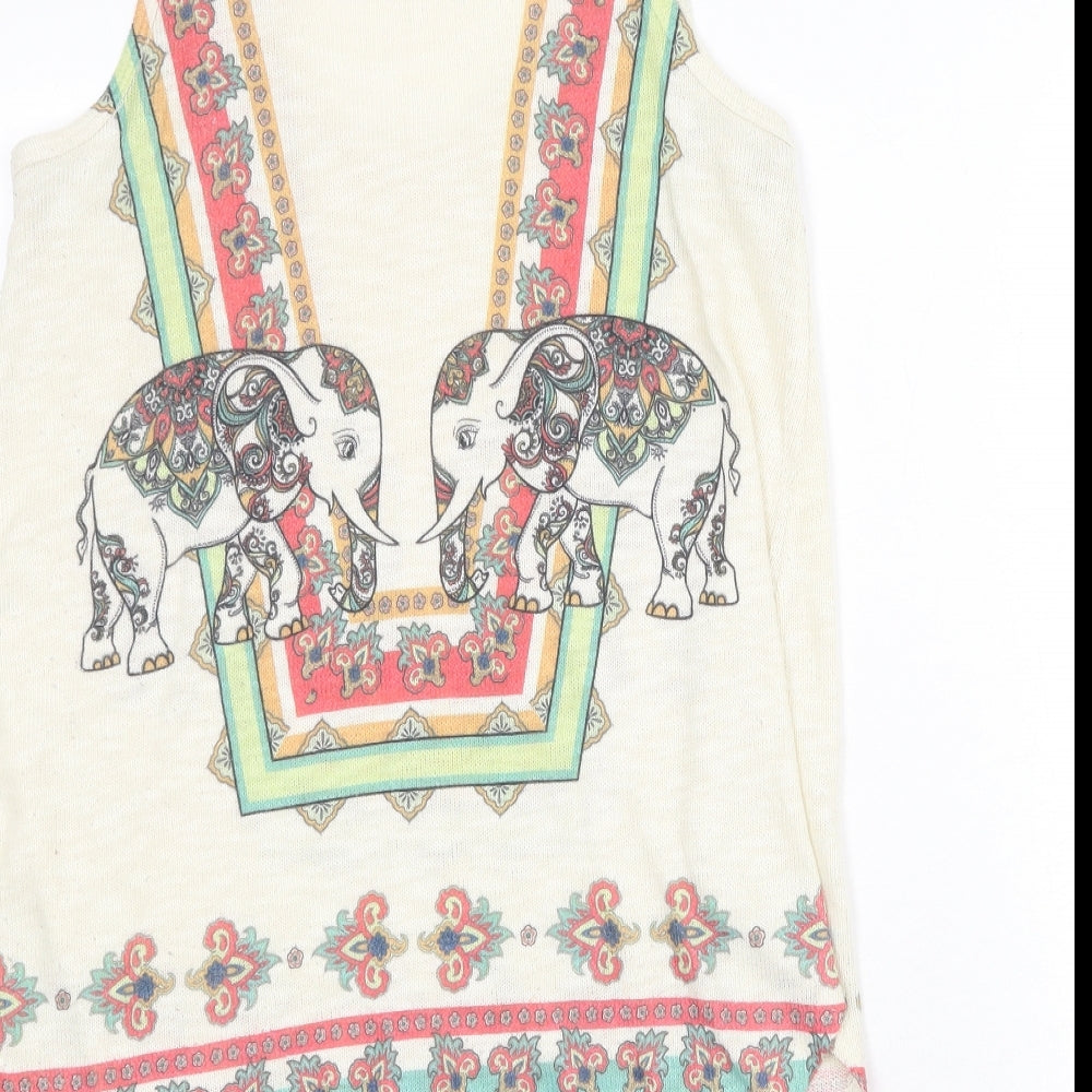 Logo Womens Beige Geometric Polyester Basic Tank Size M Round Neck - Elephant
