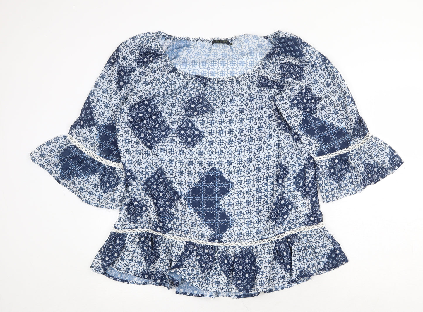 Sugar Crisp Womens Blue Geometric Polyester Basic Blouse Size L Round Neck