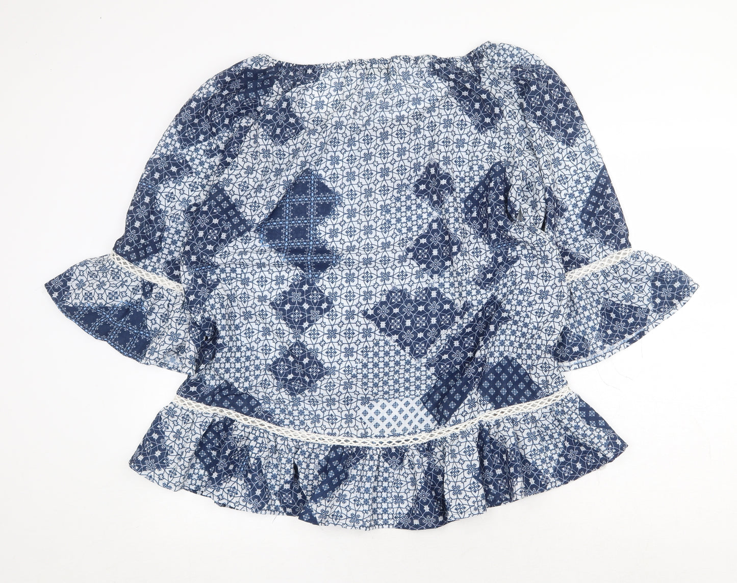 Sugar Crisp Womens Blue Geometric Polyester Basic Blouse Size L Round Neck