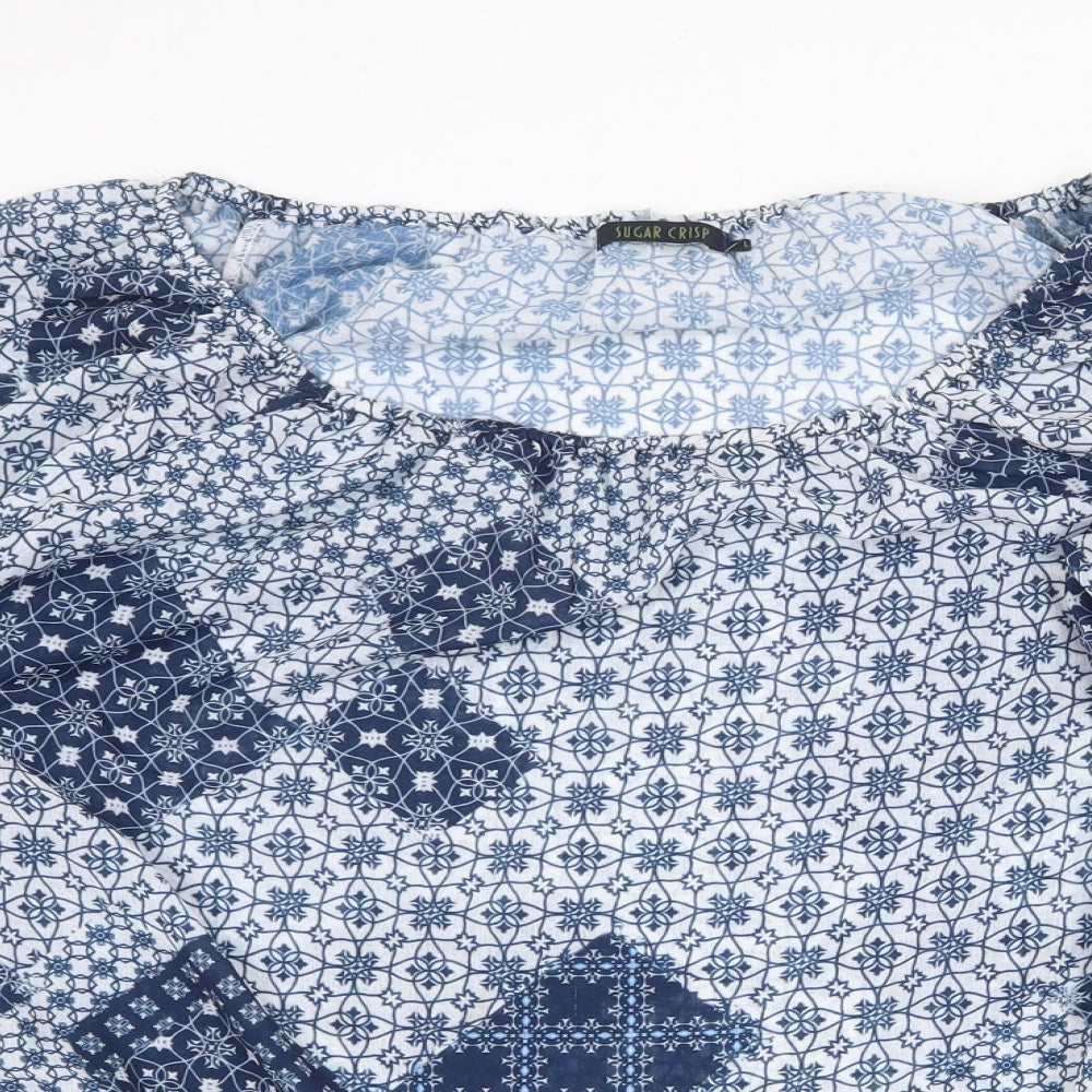Sugar Crisp Womens Blue Geometric Polyester Basic Blouse Size L Round Neck