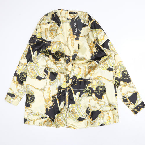Boohoo Womens Gold Geometric Polyester Basic Blouse Size 12 V-Neck