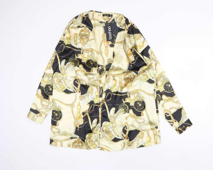 Boohoo Womens Gold Geometric Polyester Basic Blouse Size 12 V-Neck