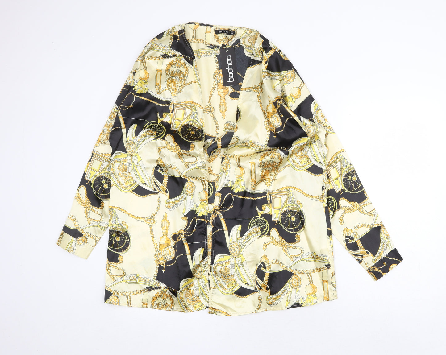 Boohoo Womens Gold Geometric Polyester Basic Blouse Size 12 V-Neck