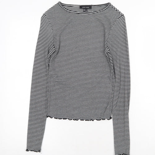 New Look Womens Black Striped Viscose Basic T-Shirt Size 6 Round Neck