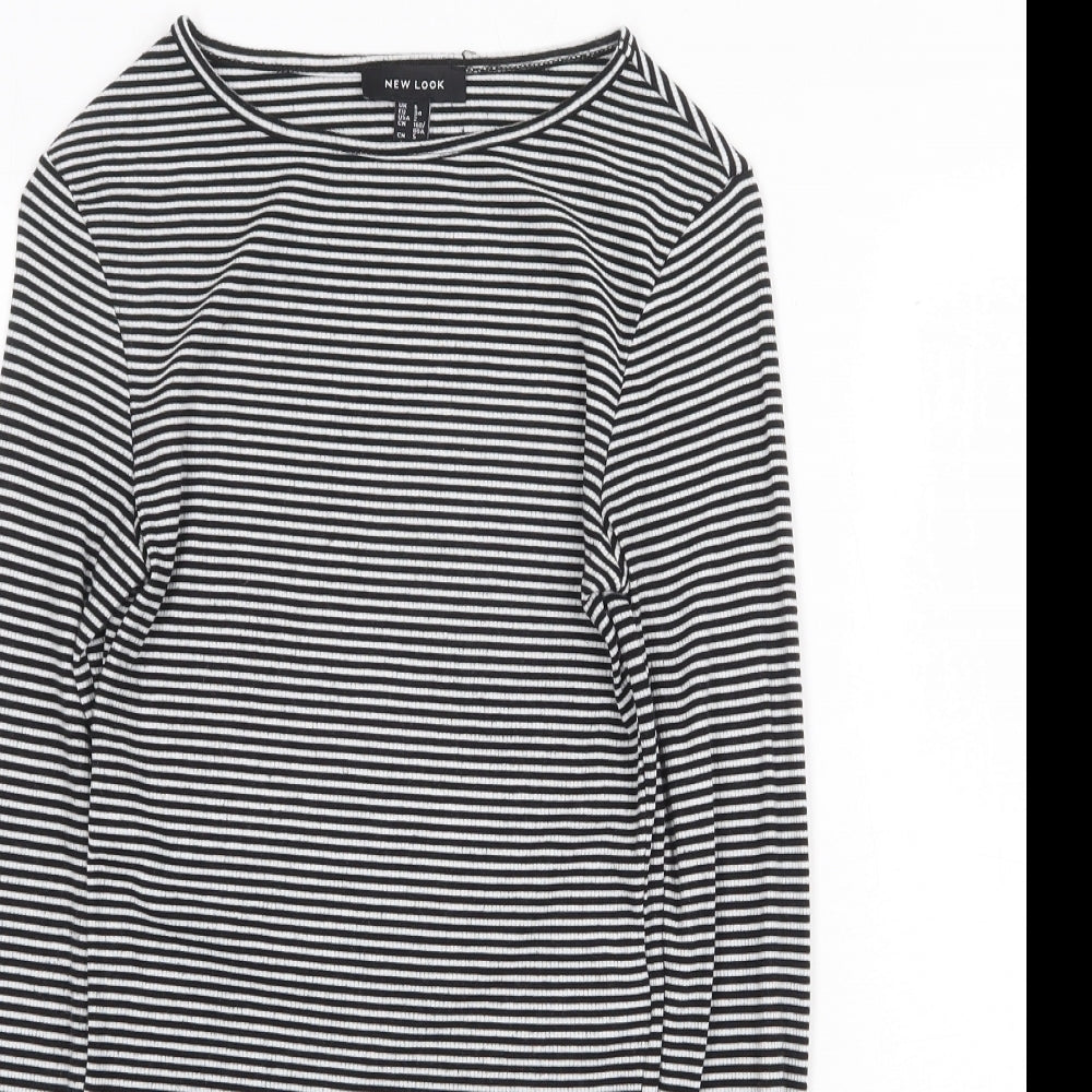 New Look Womens Black Striped Viscose Basic T-Shirt Size 6 Round Neck