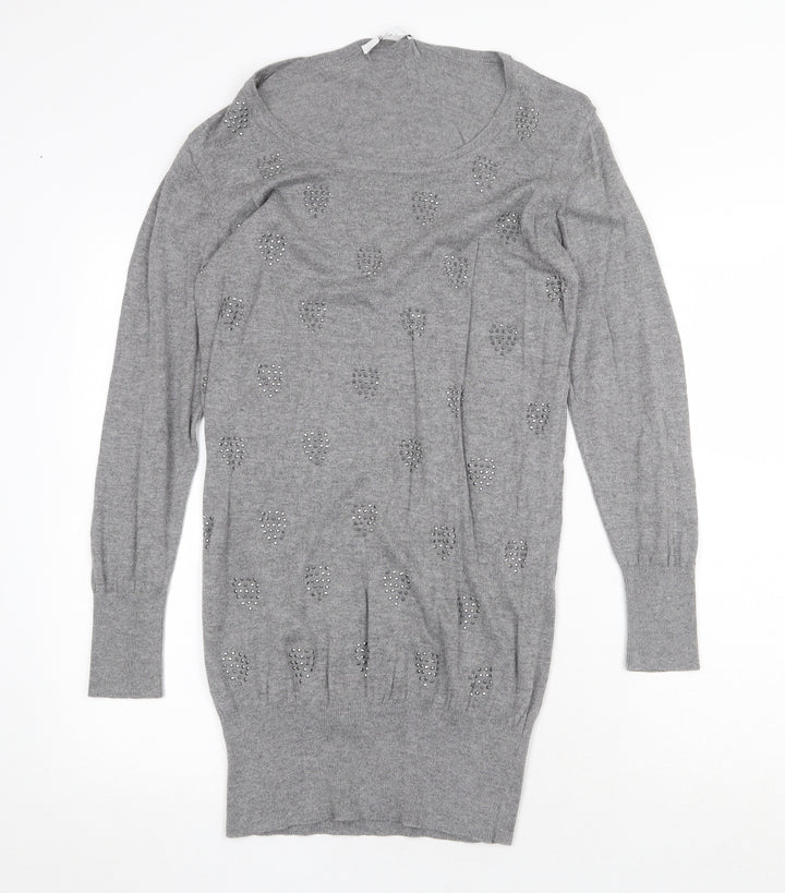 Klass Womens Grey Geometric Viscose Jumper Dress Size S Round Neck Pullover - Heart Pattern
