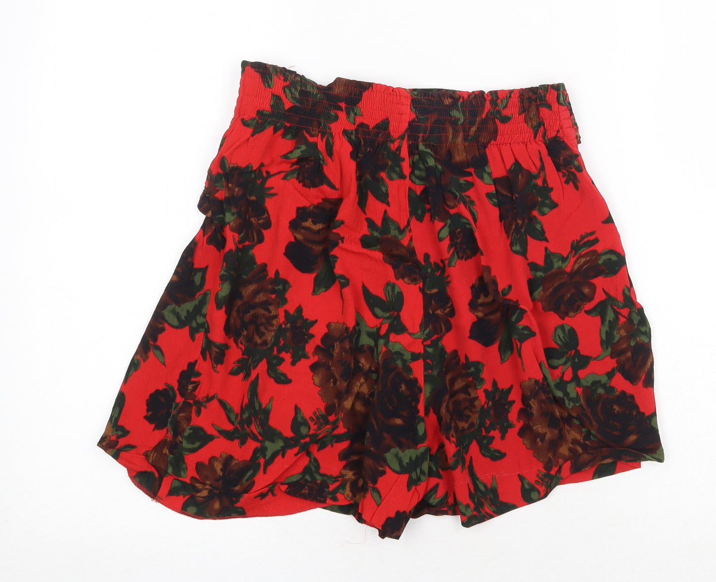 Zara Womens Red Floral Viscose Bermuda Shorts Size S Regular Pull On