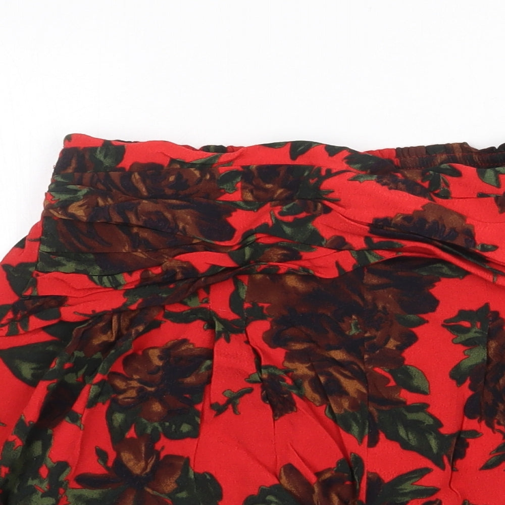 Zara Womens Red Floral Viscose Bermuda Shorts Size S Regular Pull On