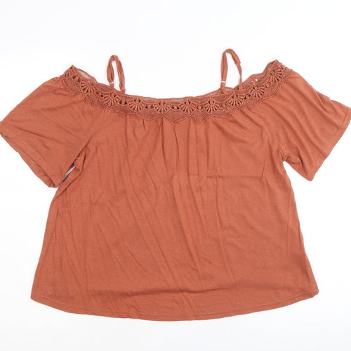 New Look Womens Brown Cotton Basic Blouse Size 10 Scoop Neck - Crochet Trim Cold Shoulder