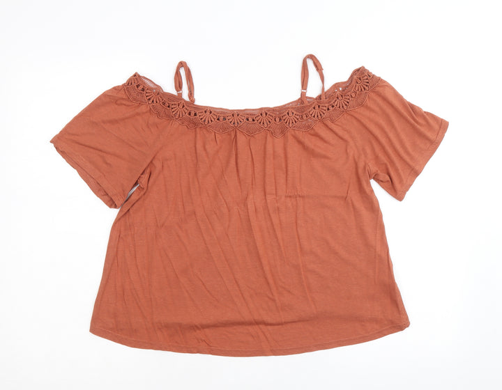 New Look Womens Brown Cotton Basic Blouse Size 10 Scoop Neck - Crochet Trim Cold Shoulder