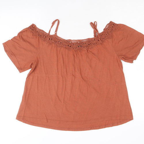 New Look Womens Brown Cotton Basic Blouse Size 10 Scoop Neck - Crochet Trim Cold Shoulder
