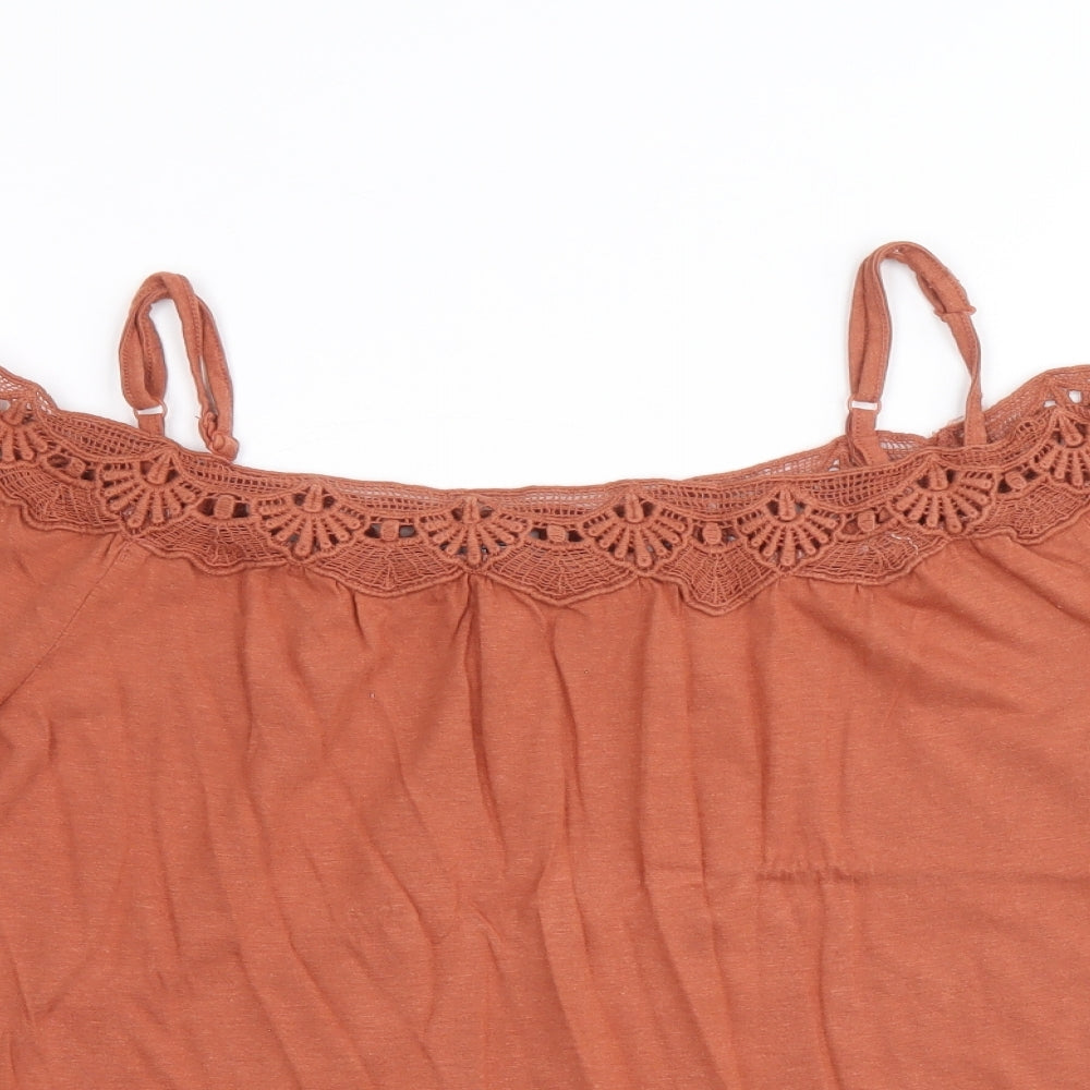 New Look Womens Brown Cotton Basic Blouse Size 10 Scoop Neck - Crochet Trim Cold Shoulder