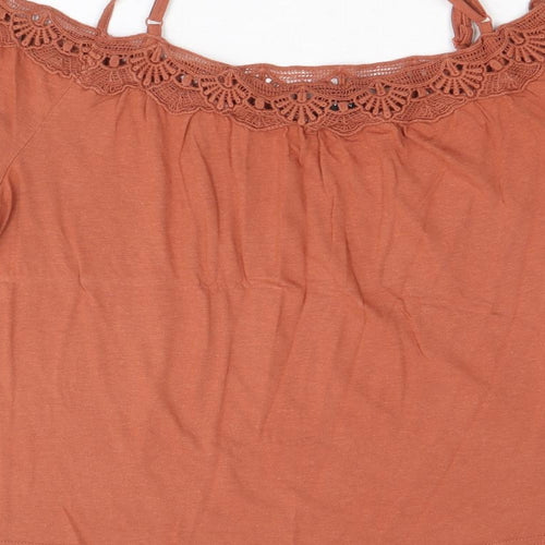New Look Womens Brown Cotton Basic Blouse Size 10 Scoop Neck - Crochet Trim Cold Shoulder