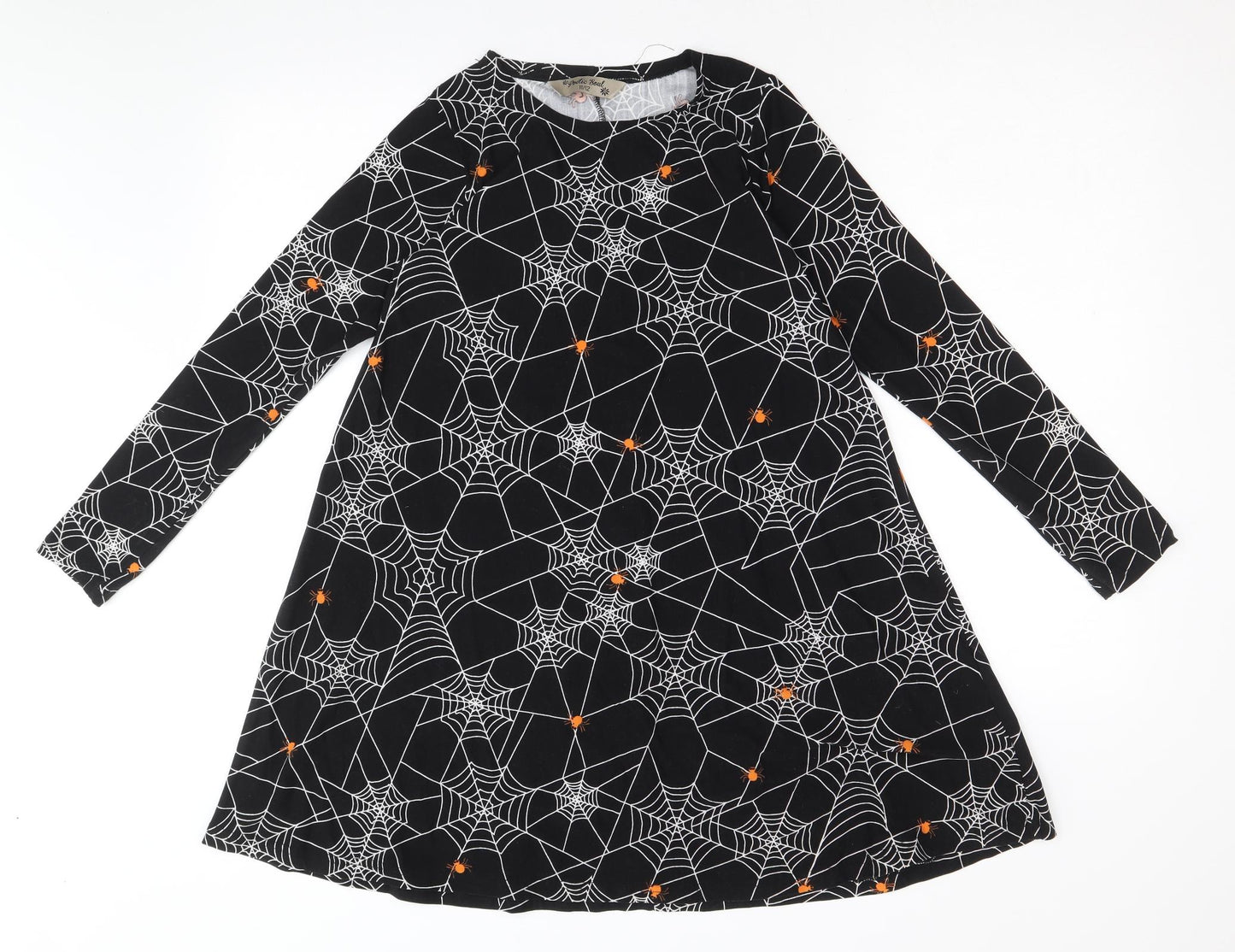 Poetic Soul Girls Black Geometric Polyester A-Line Size 11-12 Years Round Neck Pullover - Spider Web Halloween