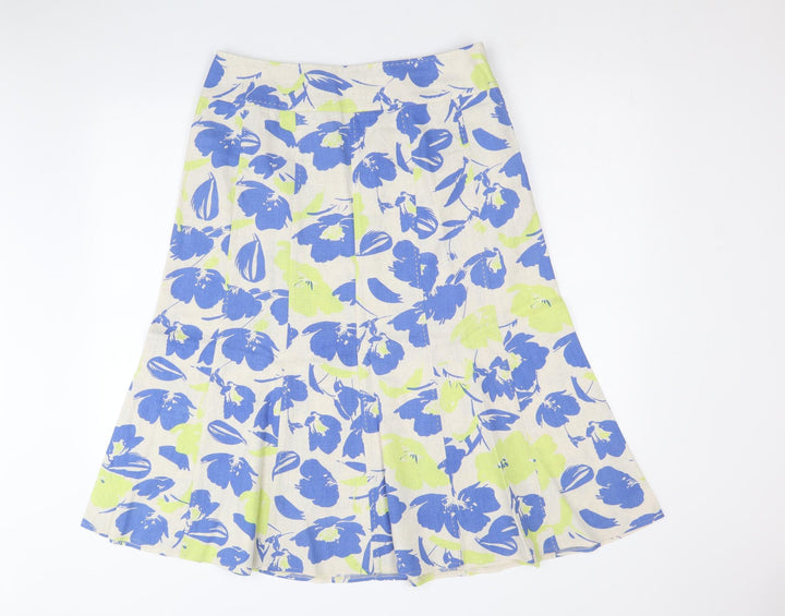 EWM Womens Beige Floral Linen A-Line Skirt Size 14 Zip