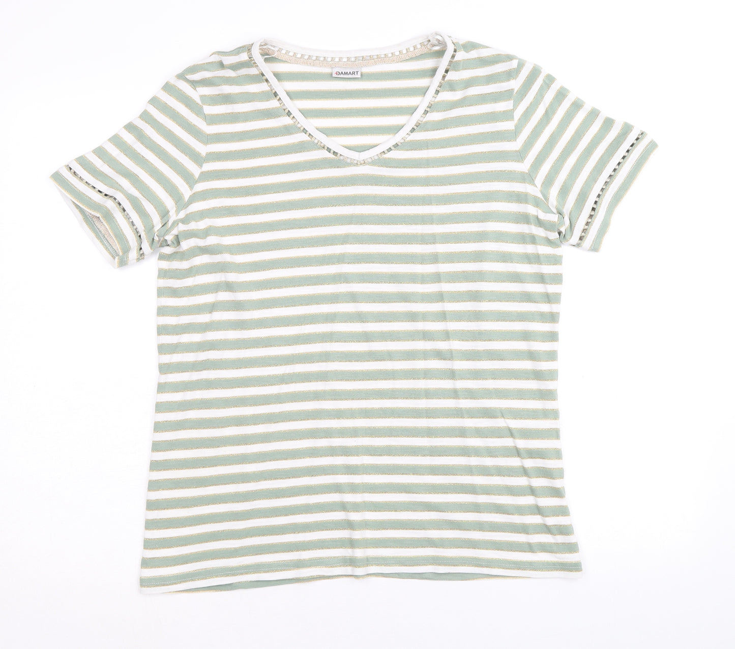 Damart Womens Green Striped Cotton Basic T-Shirt Size 14 V-Neck