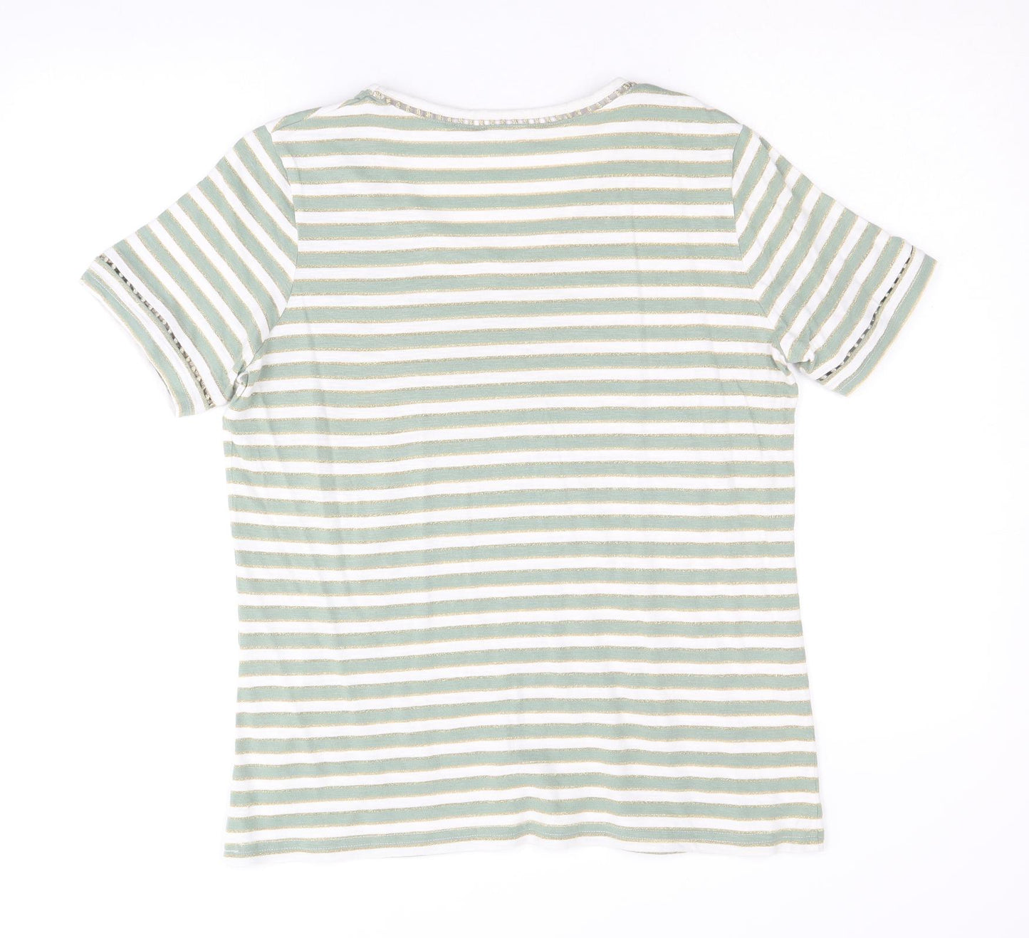 Damart Womens Green Striped Cotton Basic T-Shirt Size 14 V-Neck
