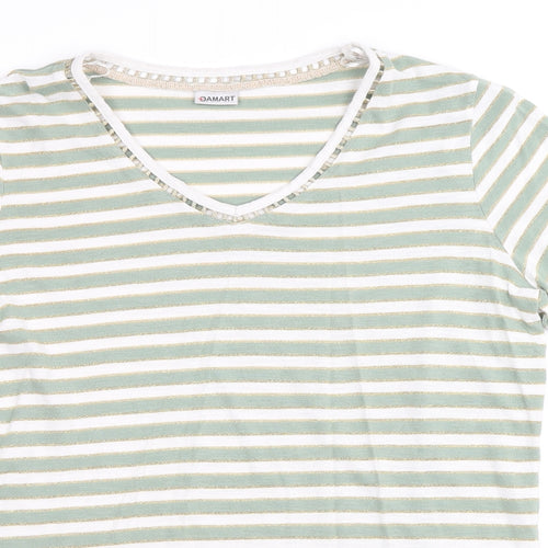 Damart Womens Green Striped Cotton Basic T-Shirt Size 14 V-Neck