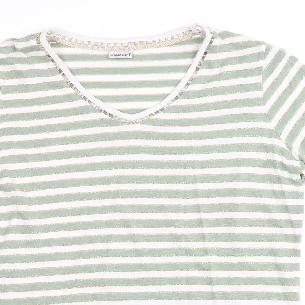 Damart Womens Green Striped Cotton Basic T-Shirt Size 14 V-Neck