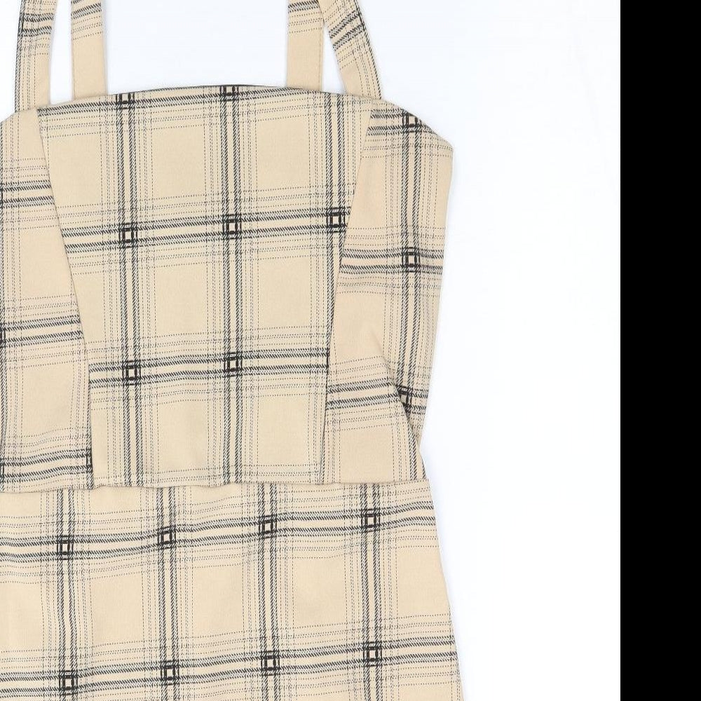I SAW IT FIRST Womens Brown Plaid Polyester Pinafore/Dungaree Dress Size 10 Square Neck Pullover