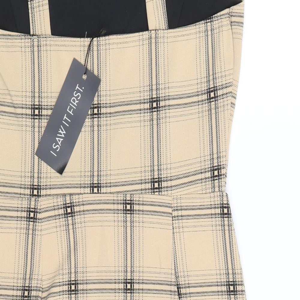 I SAW IT FIRST Womens Brown Plaid Polyester Pinafore/Dungaree Dress Size 10 Square Neck Pullover
