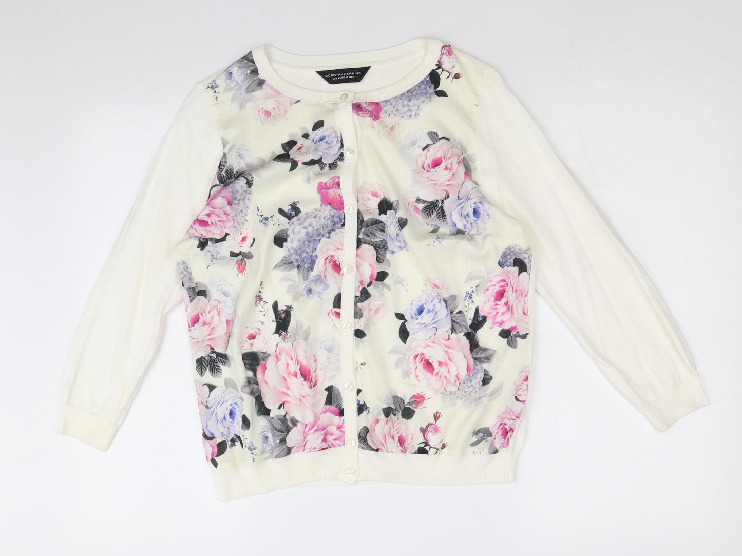 Dorothy Perkins Womens Ivory Boat Neck Floral Acrylic Cardigan Jumper Size 12