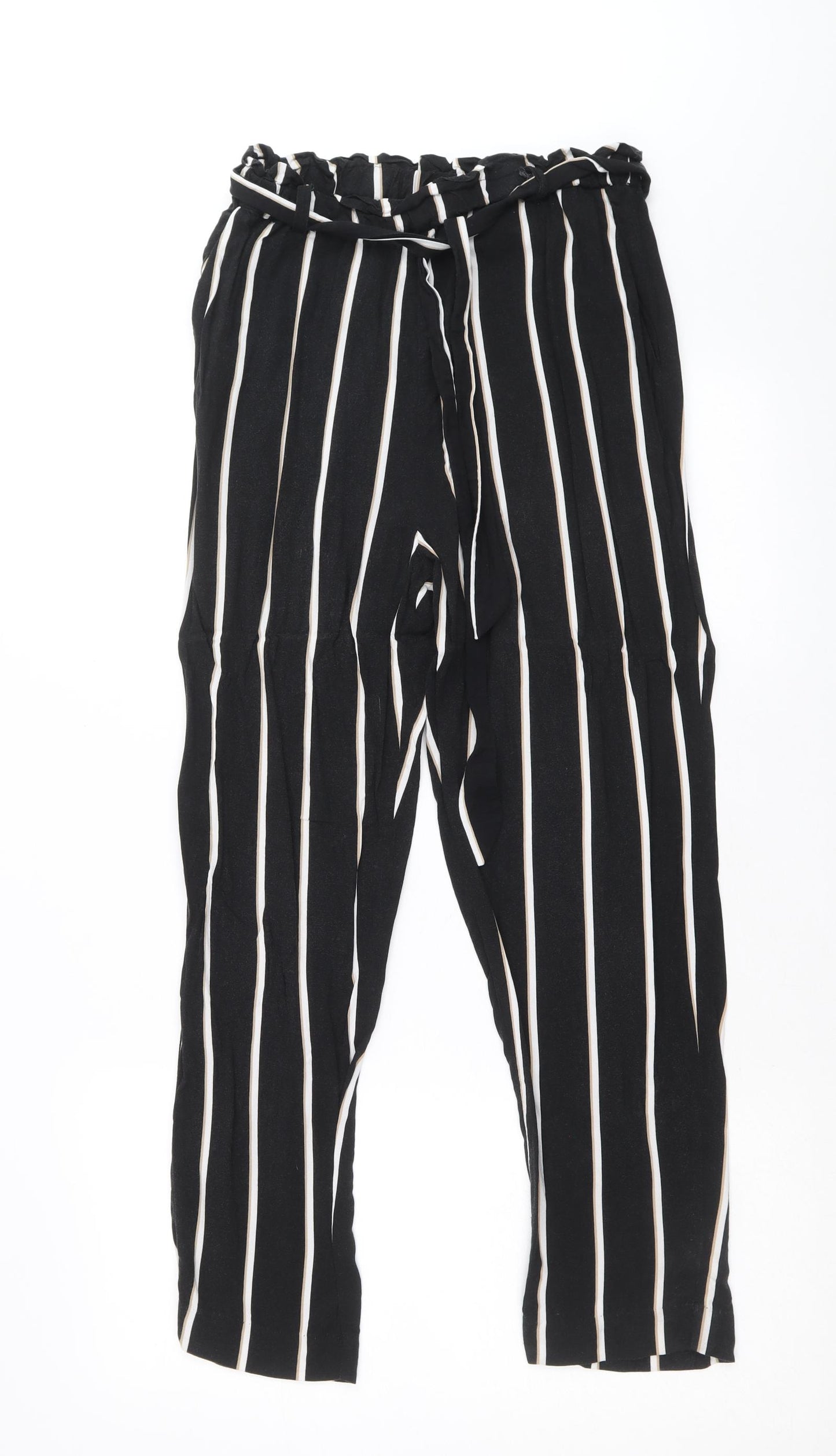 H&M Womens Black Striped Viscose Trousers Size 8 Regular Tie