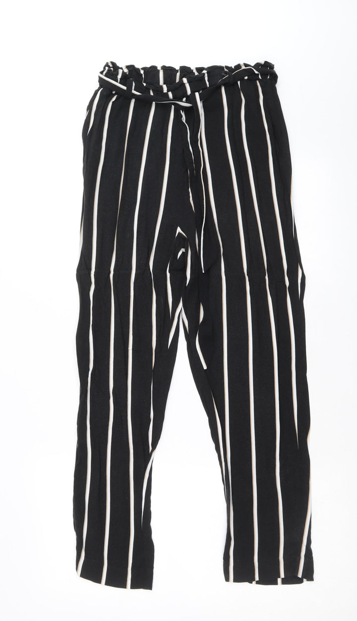 H&M Womens Black Striped Viscose Trousers Size 8 Regular Tie