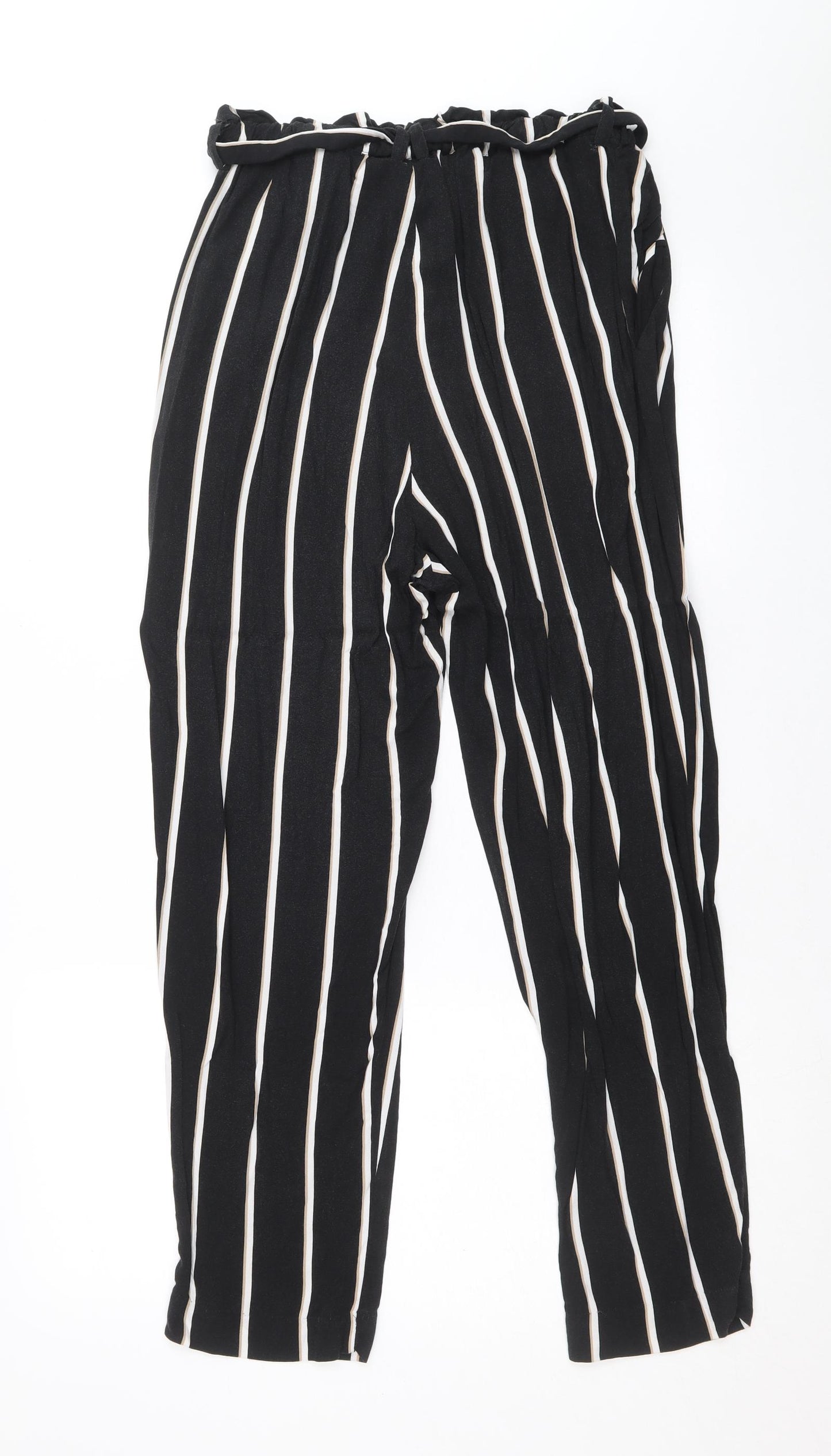 H&M Womens Black Striped Viscose Trousers Size 8 Regular Tie