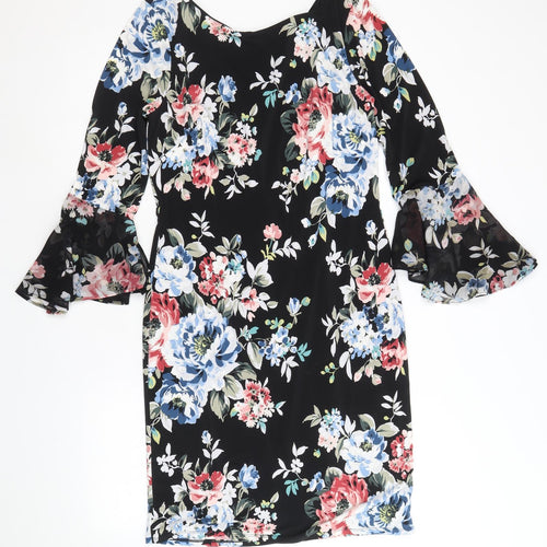 White House Black Market Womens Black Floral Polyester A-Line Size M Round Neck Pullover